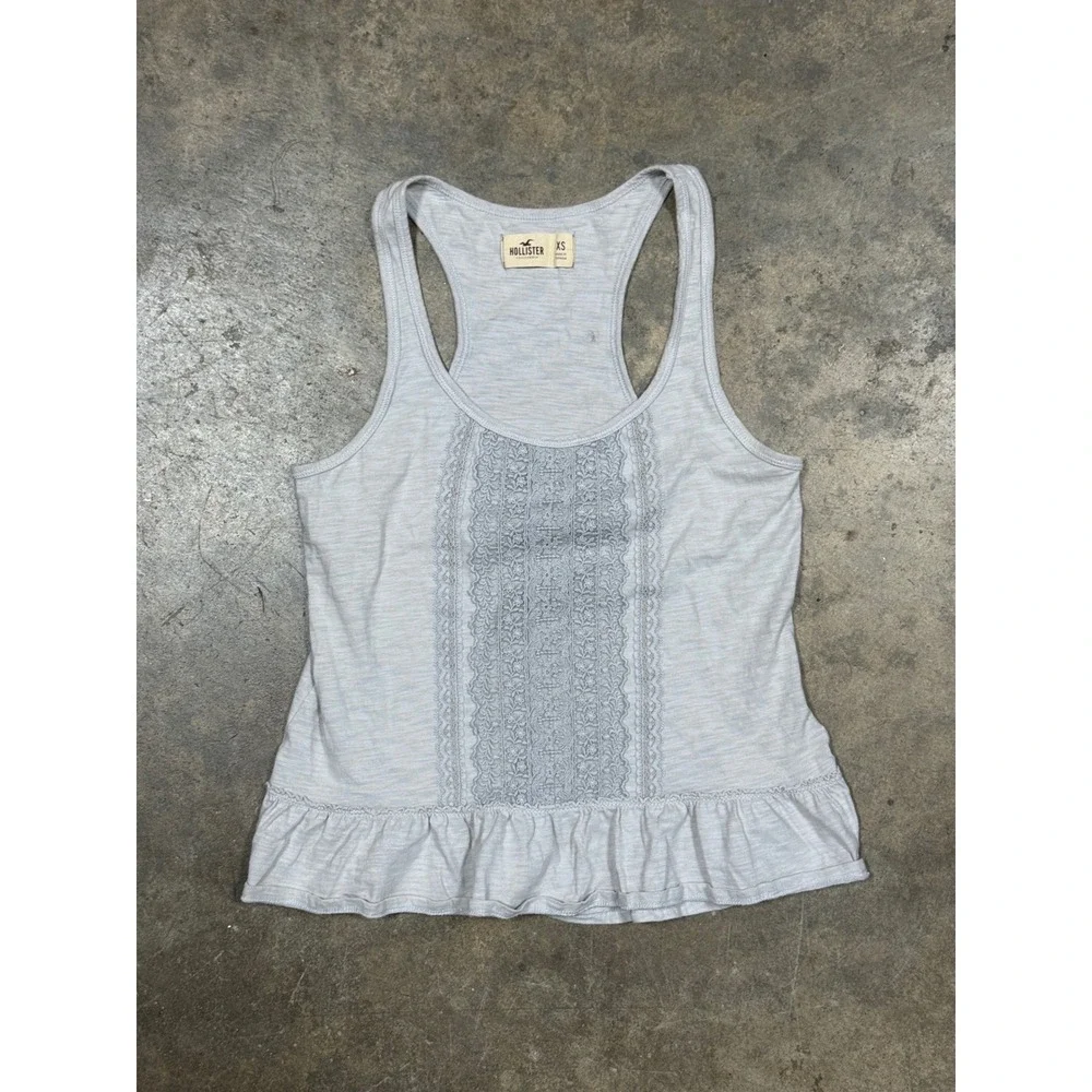 Hollister Tank‎ Top Women XS Gray Excellent Lace Ruffle Racerback Slub Knit